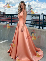 Orange Satin V-neck Prom Dress