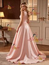 Pink Satin Scoop Neck Wedding Dress