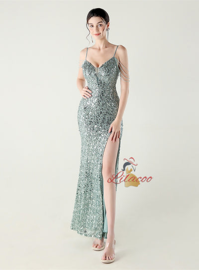 Mermaid Sequins Spaghetti Straps Beading Prom Dress