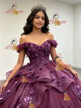 Purple Tulle Off the Shoulder 3D Flower Quinceanera Dress