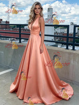 Orange Satin V-neck Prom Dress
