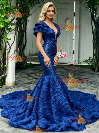 Blue Mermaid Sequins V-neck Prom Dress