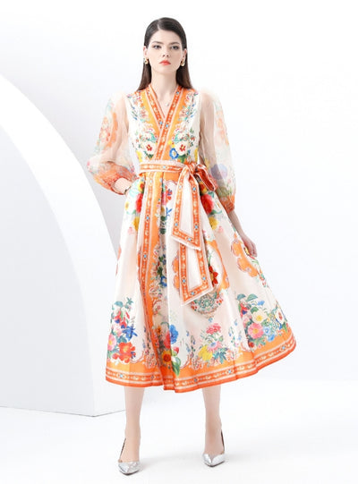 Retro Printed V-neck Bubble Sleeve Dress
