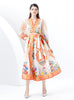 Retro Printed V-neck Bubble Sleeve Dress