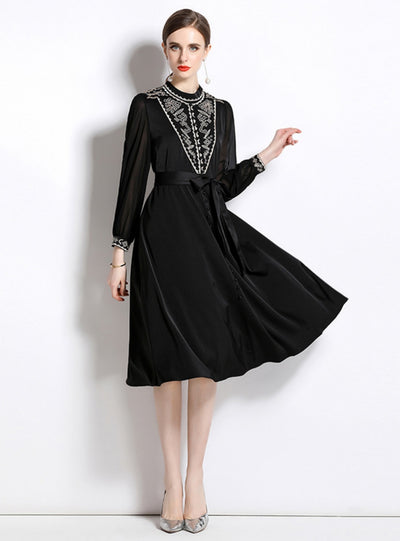 Embroidered Perspective Bubble Sleeve Belt Dress