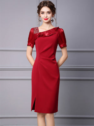 Short Sleeve Pleats Beading Mother Of The Bride Dress