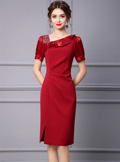 Short Sleeve Pleats Beading Mother Of The Bride Dress