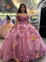 Pink Tulle Straps 3D Flower Quinceanera Dress
