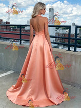 Orange Satin V-neck Prom Dress