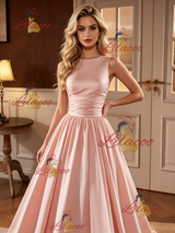 Pink Satin Scoop Neck Wedding Dress