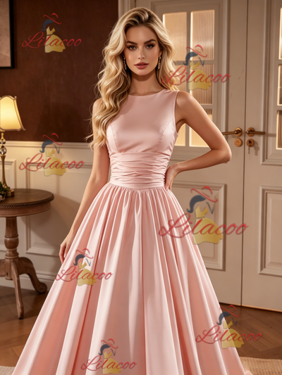 Pink Satin Scoop Neck Wedding Dress