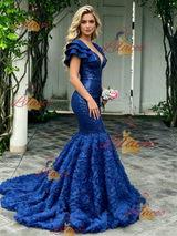 Blue Mermaid Sequins V-neck Prom Dress