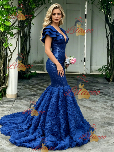 Blue Mermaid Sequins V-neck Prom Dress