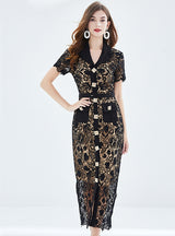 Single-breasted Short Sleeve Lace Dress