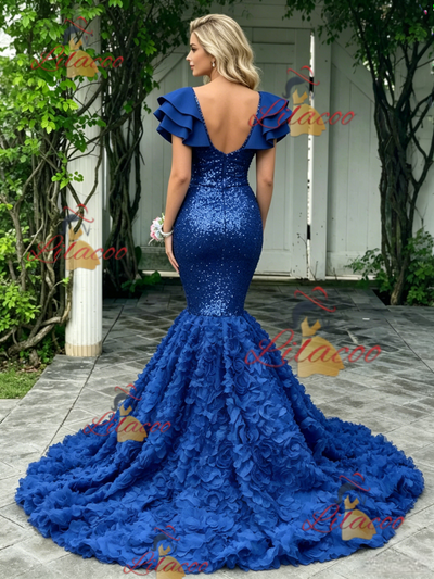 Blue Mermaid Sequins V-neck Prom Dress