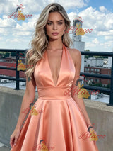 Orange Satin V-neck Prom Dress