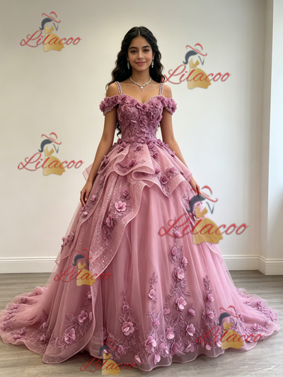 Pink Tulle Straps 3D Flower Quinceanera Dress