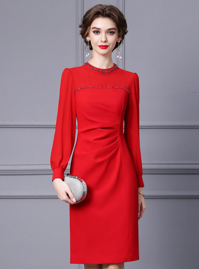 Red Long Sleeve Crystal Mother Of The Bride Dress