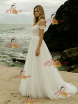 Beige White Tulle Lace Straps Wedding Dress