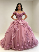 Pink Tulle Straps 3D Flower Quinceanera Dress