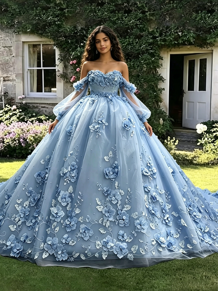 Blue Tulle 3D Appliques Quinceanera Dress