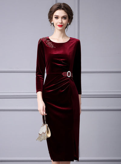 Burgundy Velvet Beading Mother Of The Bride Dress