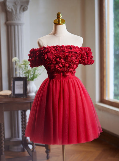 Burgundy Tulle 3D Flower Homecoming Dress