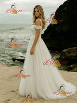 Beige White Tulle Lace Straps Wedding Dress