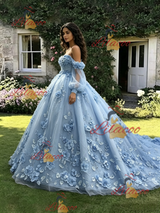 Blue Tulle 3D Appliques Quinceanera Dress