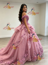 Pink Tulle Straps 3D Flower Quinceanera Dress