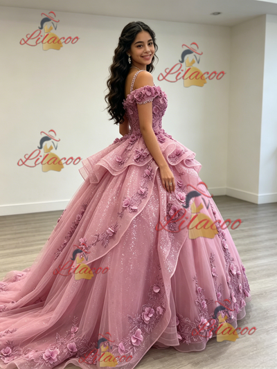 Pink Tulle Straps 3D Flower Quinceanera Dress