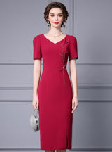 Burgundy Beading V-neck Mother Of The Bride Dress