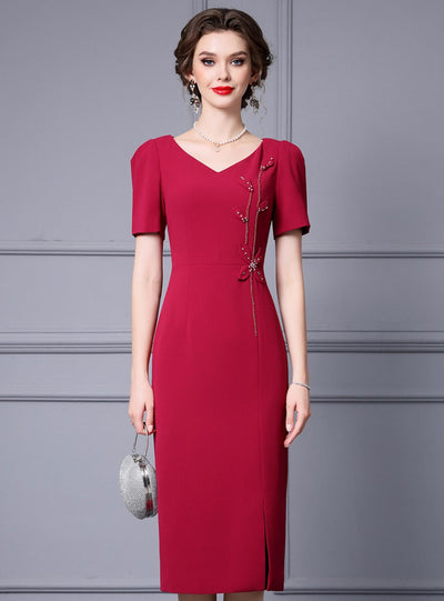 Burgundy Beading V-neck Mother Of The Bride Dress