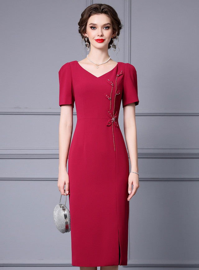 Burgundy Beading V-neck Mother Of The Bride Dress