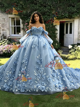 Blue Tulle 3D Appliques Quinceanera Dress