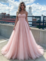 Pink Tulle Strapless Pleas Prom Dress