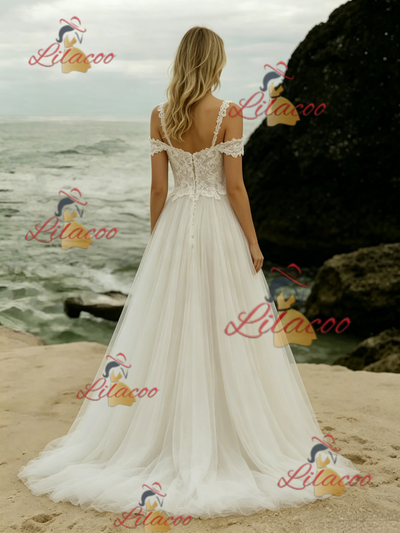Beige White Tulle Lace Straps Wedding Dress