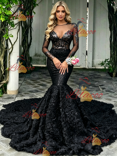 Black Mermaid Sequins Long Sleeve Prom Dress