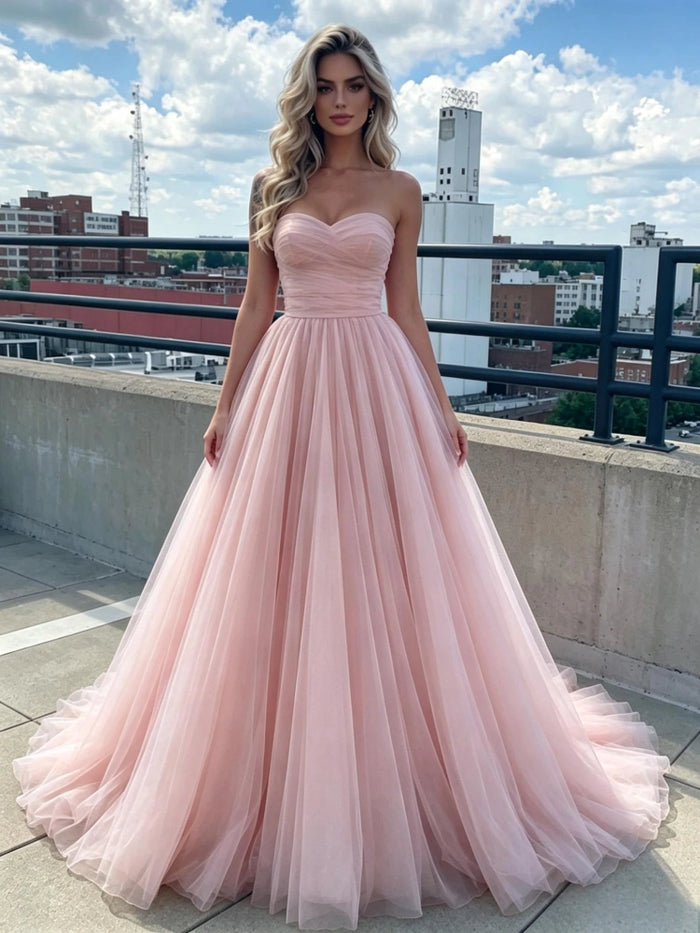 Pink Tulle Strapless Pleas Prom Dress