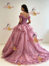 Pink Tulle Straps 3D Flower Quinceanera Dress