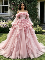Pink Tulle Long Sleeve 3D Flower Quinceanera Dress