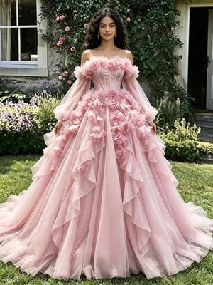 Pink Tulle Long Sleeve 3D Flower Quinceanera Dress