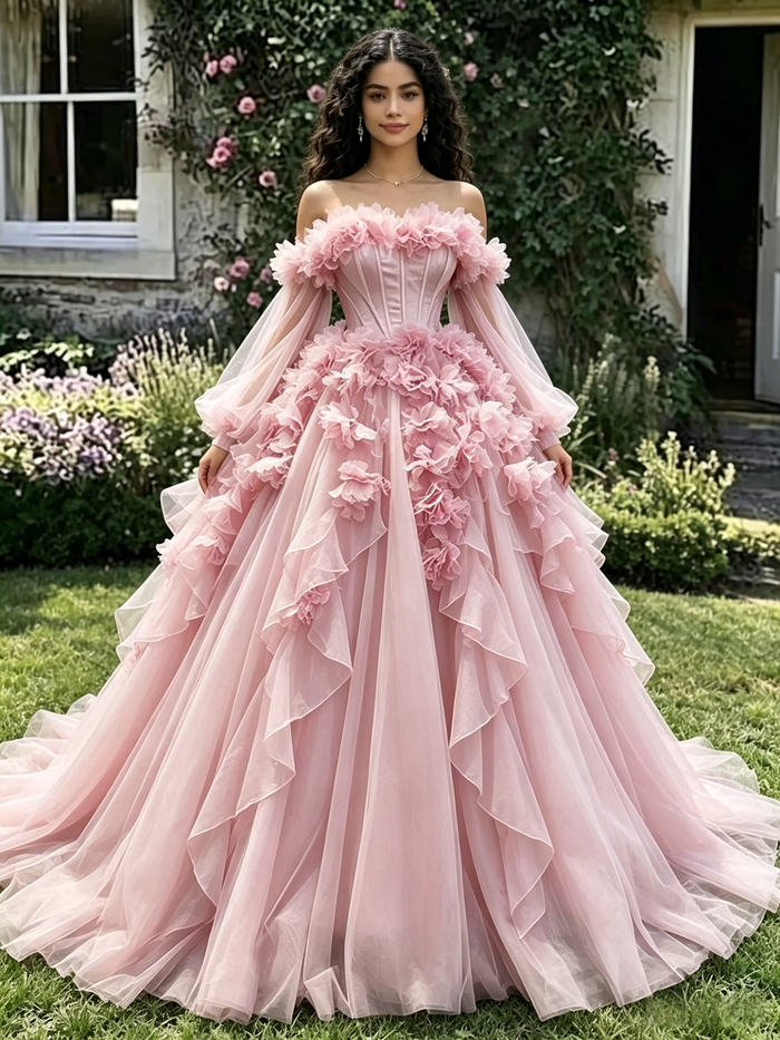 Pink Tulle Long Sleeve 3D Flower Quinceanera Dress