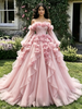 Pink Tulle Long Sleeve 3D Flower Quinceanera Dress