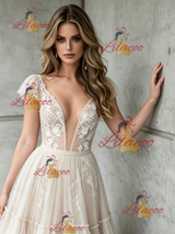 Ivory Tulle Lace V-neck Backless Wedding Dress