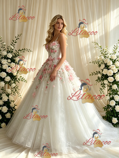 White Tulle Lace Straps 3D Appliques Wedding Dress