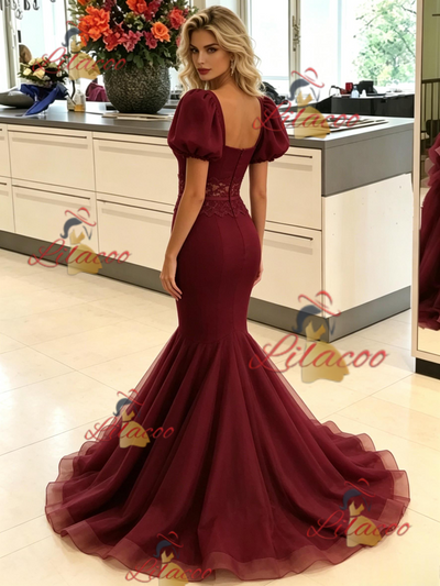 Burgundy Mermaid Tulle Puff Sleeve Prom Dress
