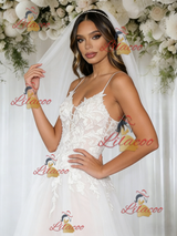 White Tulle Appliques Spahetti Straps Wedding Dress