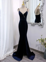 Navy Blue Mermaid Velvet Beading Prom Dress
