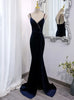 Navy Blue Mermaid Velvet Beading Prom Dress